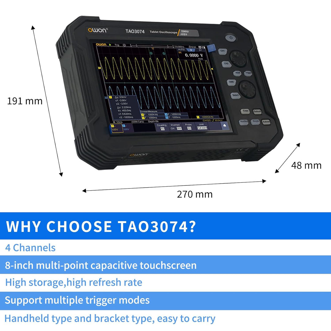 OWON Handheld-Digitaloszilloskop TAO3074, 4-Kanal-Oszilloskop mit 70 MHz Bandbreite und 1 GS/s Abtas