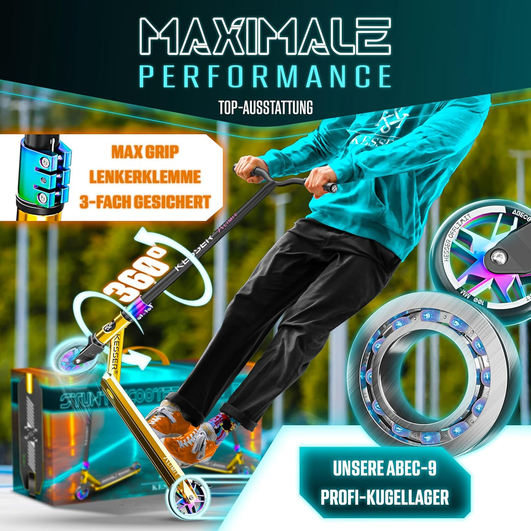 KESSER® Stunt Scooter X-Limit-Pro 360° Lenkung Funscooter Stuntscooter mit Ständer ABEC 9 Kugellager