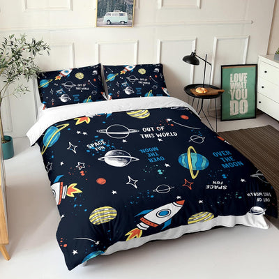 HOSIMA Universum Planet Rakete Bettwäsche 135x200 für Kinder, Jungen Teenager Bettbezug-Set für Einz