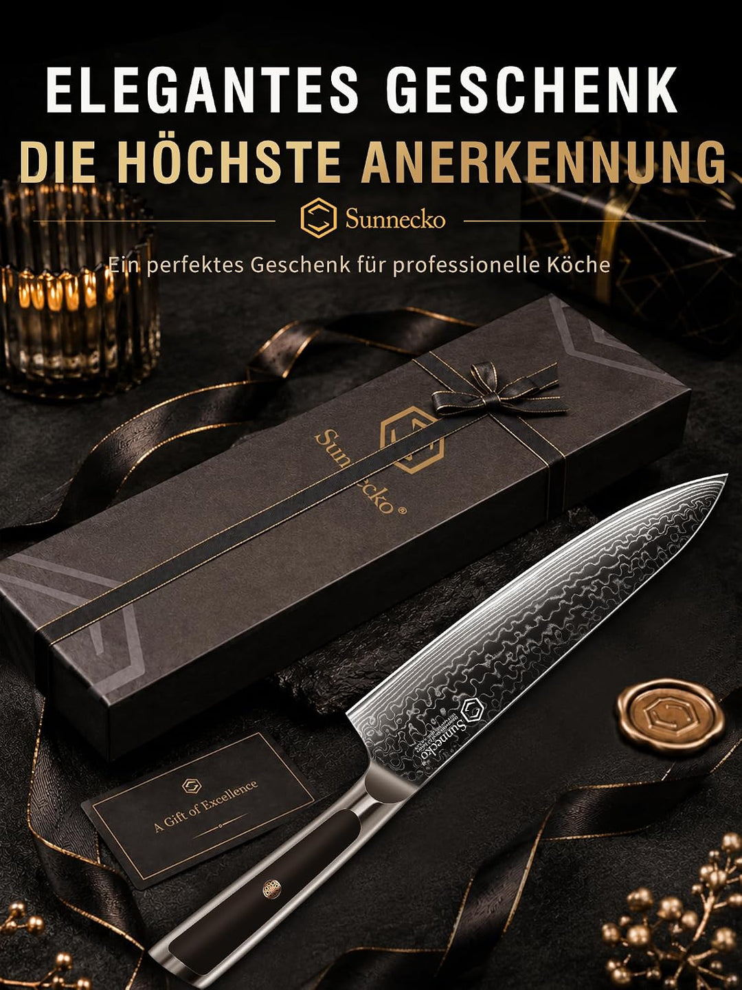 Sunnecko Damastmesser Kochmesser 20cm, damastmesser küchenmesser aus Japanischer VG10 Cored&amp;67-Schic