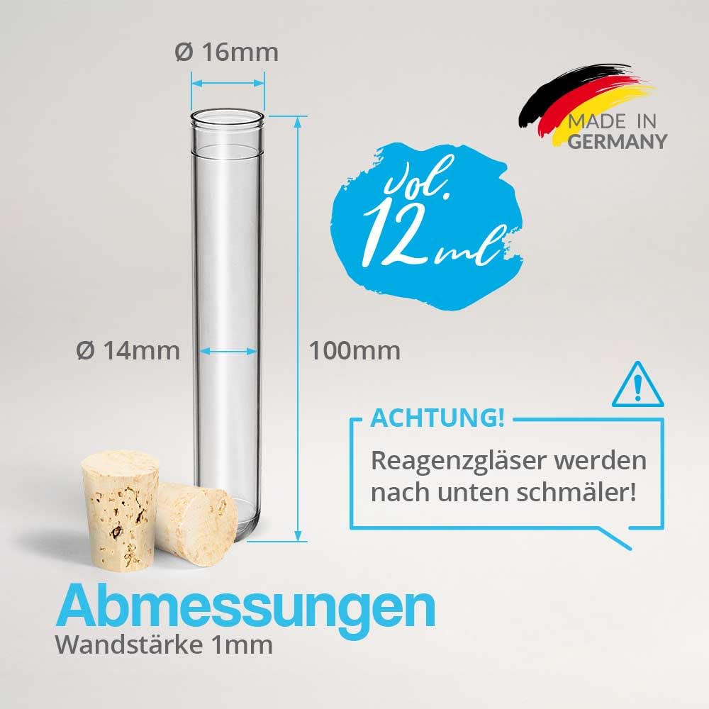Tuuters 100x Kunststoff Reagenzgläser mit Korken (Naturkorken), Reagenzröhrchen (100 x Ø 16mm), 100