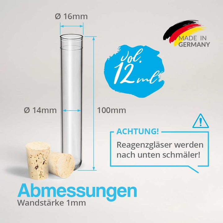 Tuuters 100x Kunststoff Reagenzgläser mit Korken (Naturkorken), Reagenzröhrchen (100 x Ø 16mm), 100