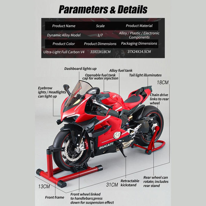 1/7 Legierung Dynamisches Motorrad Modell, V4 Top Edition mit Zündsystem Rauchspray, Kohlefaser Mech