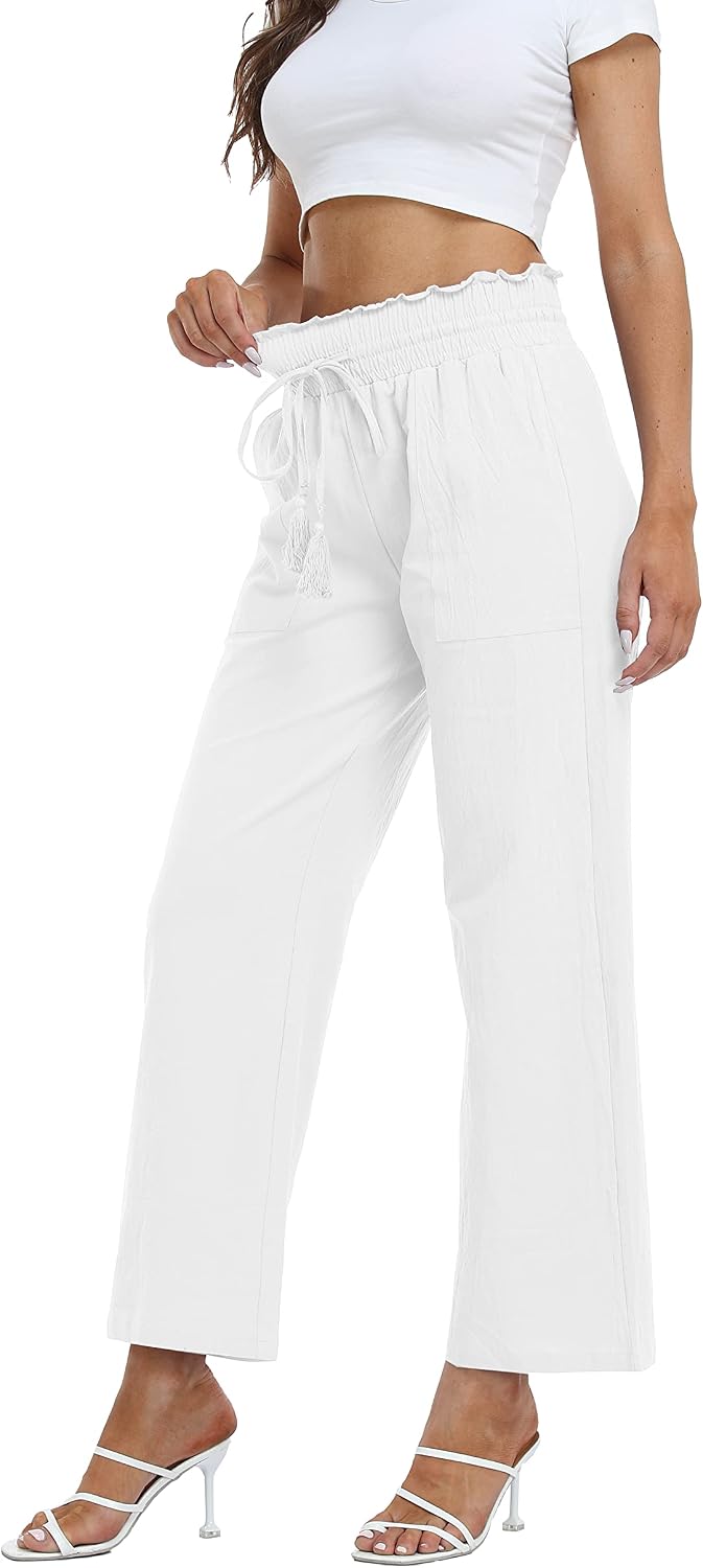 Famulily Leinenhose Damen Sommer Weites Bein High Waist Palazzo Freizeithose Stoffhose Yogahose Mit