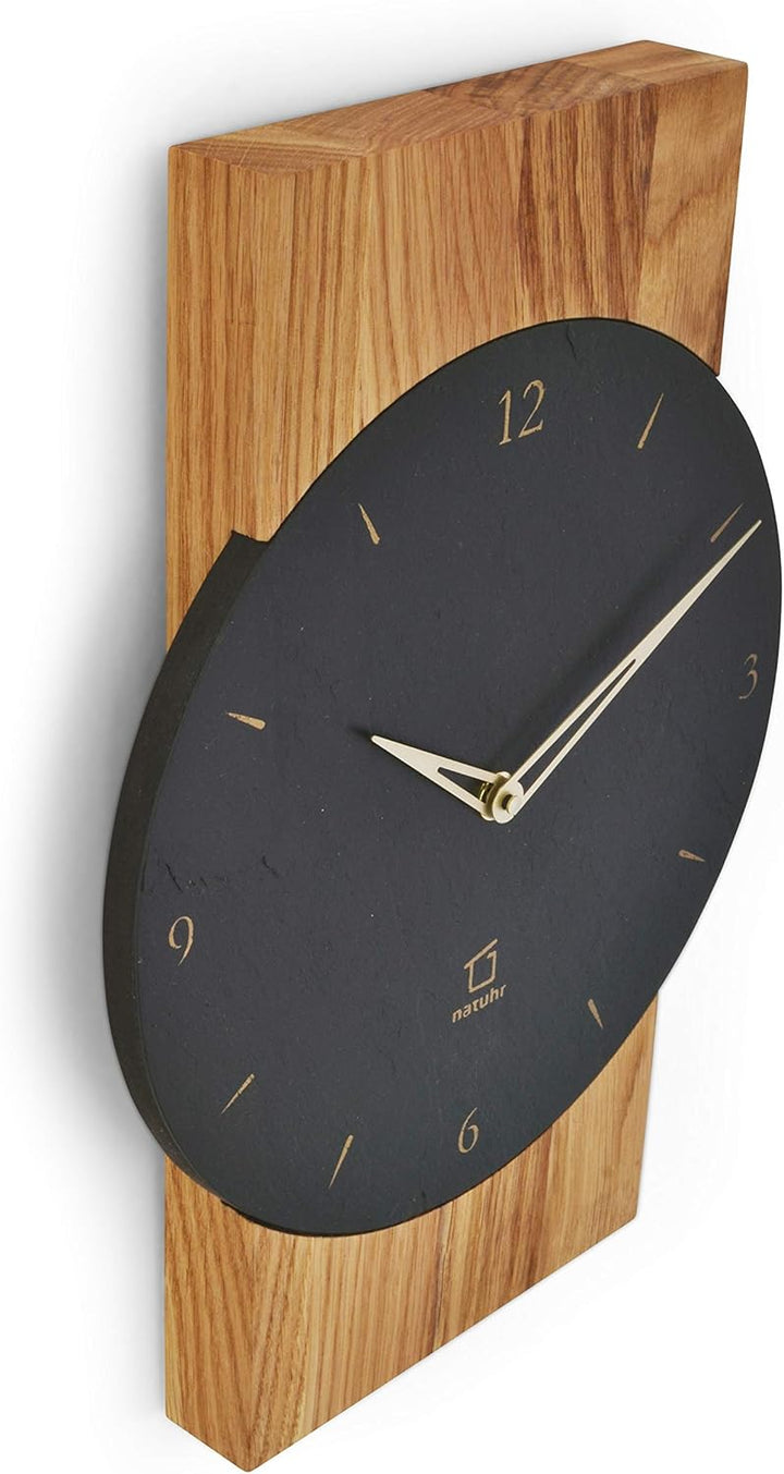 Natuhr Schiefer Wanduhr - Watzmann - Holz Eiche Stein geräuscharm Wohnzimmer Holzuhr Made in Germany