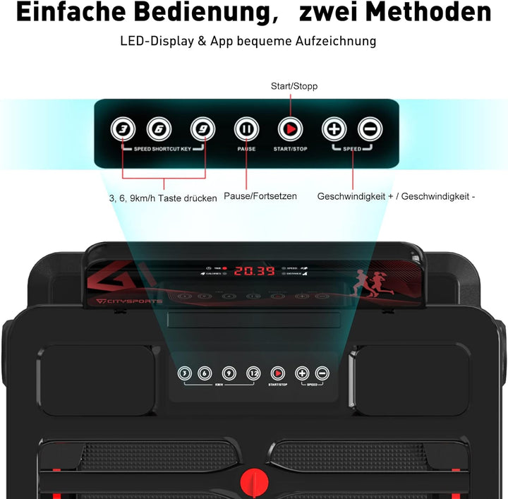 CITYSPORTS Elektrisches Laufband,Klappbares Laufband für Zuhause bis 12 km/h,mit LED-Anzeige,APP und