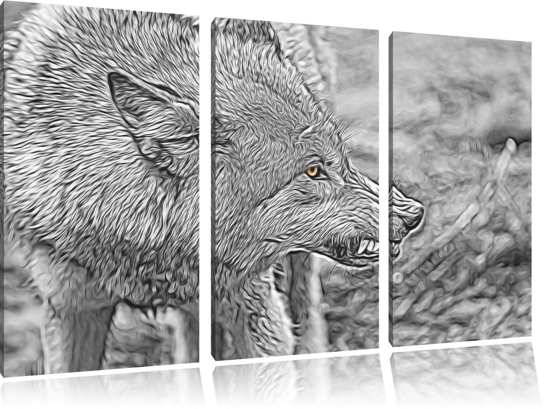 knurrender Wolf schwarz/weiss Deluxe 3-Teiler Leinwandbild 120x80 Bild auf Leinwand, XXL riesige Bil
