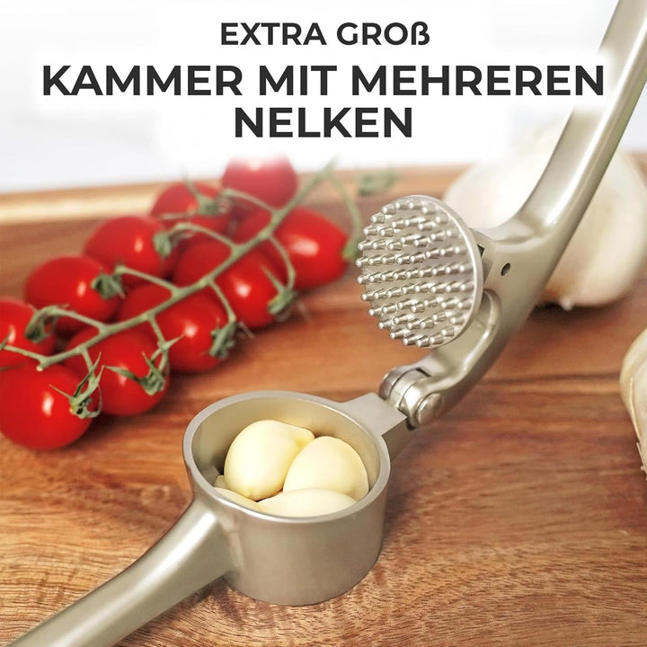 Zulay Kitchen Knoblauchpresse Extra Grosse aus Edelstahl mit Silikon-Knoblauchschäler und Reinigungs