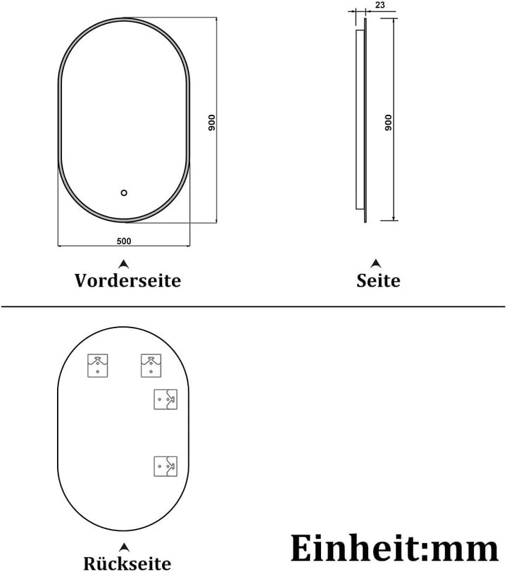 Badspiegel 90×50cm Rundbahn 3 Lichfarbe dimmbar Memory Wand/Touchschalter Anti-Beschlag Badezimmersp