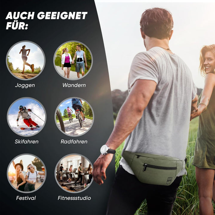 RUVO® Bauchtasche Herren und Damen | stylische Gürteltasche für maximalen Stauraum | 4 Fächer jeweil