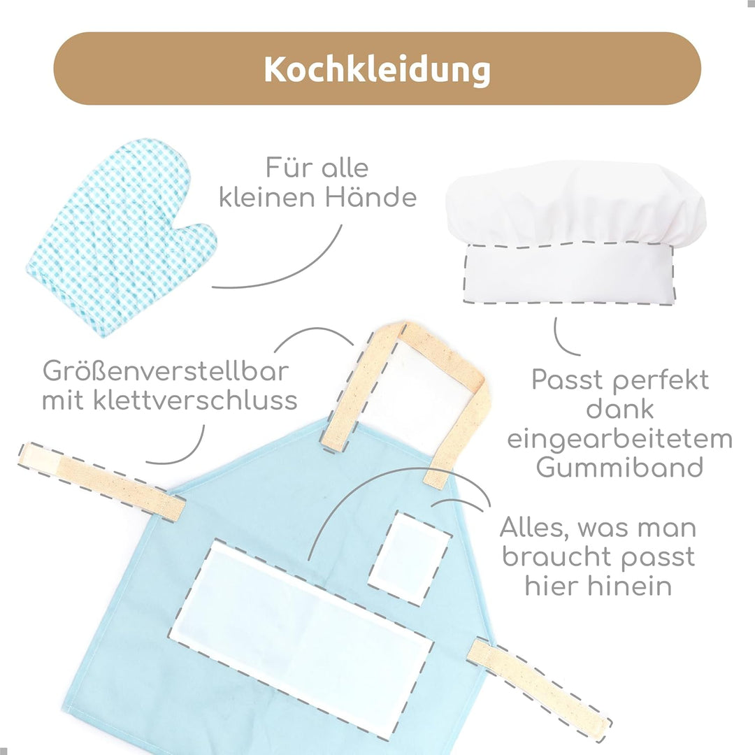 UMU® Kinder Kochset aus Holz mit Geschirr (Töpfe und Pfannen), Schürze, Lebensmittel und mehr, Kinde