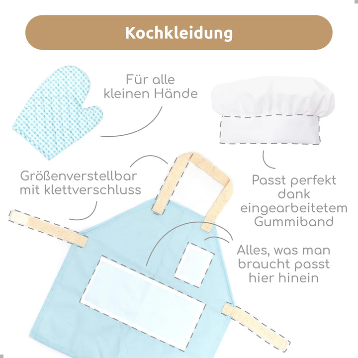 UMU® Kinder Kochset aus Holz mit Geschirr (Töpfe und Pfannen), Schürze, Lebensmittel und mehr, Kinde