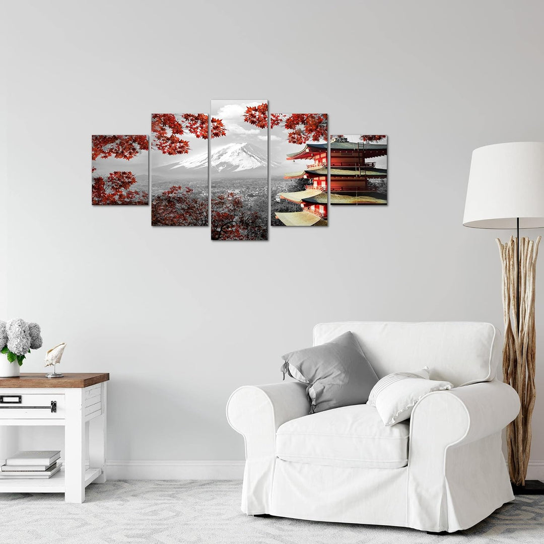 Runa Art Wandbilder Japan 5 Teilig Bild auf Vlies Leinwand Deko Wohnzimmer Schlafzimmer Tempel Rot G