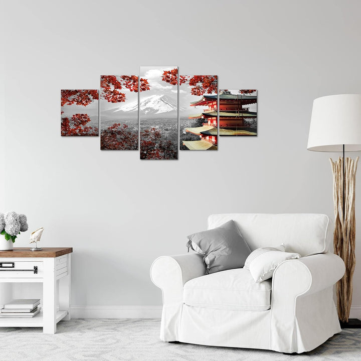 Runa Art Wandbilder Japan 5 Teilig Bild auf Vlies Leinwand Deko Wohnzimmer Schlafzimmer Tempel Rot G