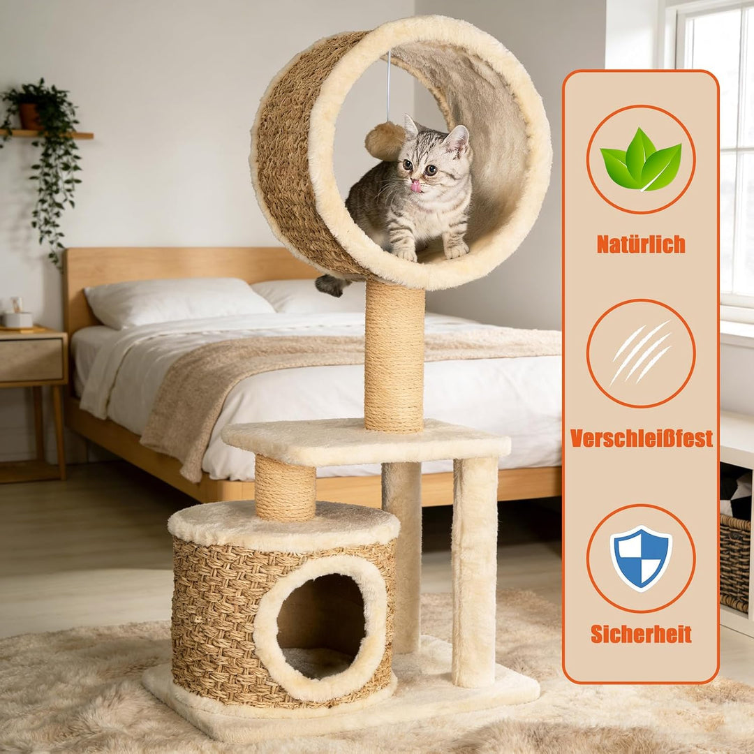 Kratzbaum Modern mit Sisal Kratzsäulen & Handgestrickter Höhle – Stabiler Katzenbaum aus Natürlichem