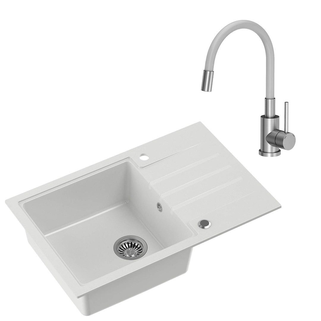 VBChome Spüle mit Armatur 78 x 50 cm Tiefes Becken 20cm Weiss Küche Grosse Abtropfflache Einbauspüle
