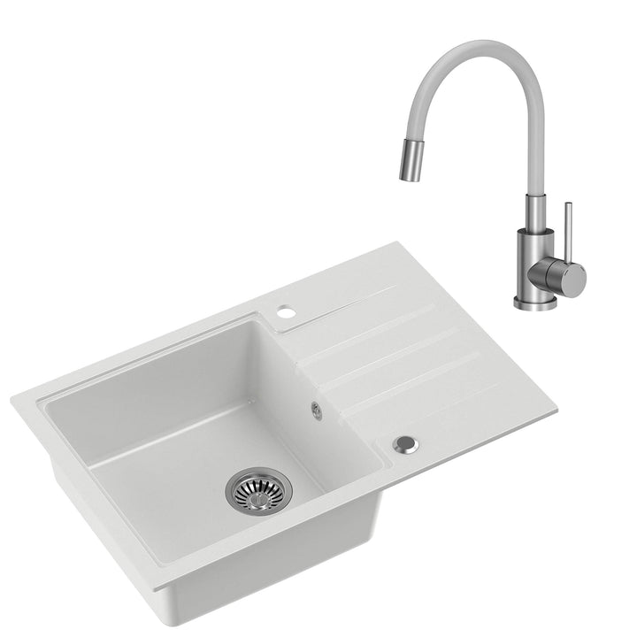 VBChome Spüle mit Armatur 78 x 50 cm Tiefes Becken 20cm Weiss Küche Grosse Abtropfflache Einbauspüle