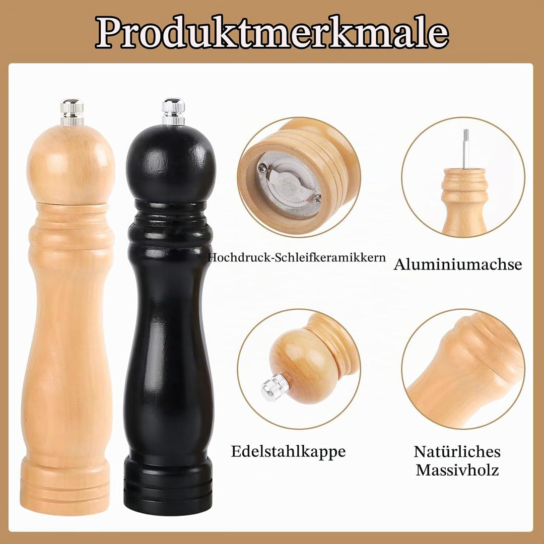 Salz und Pfeffermühle Holz 21 cm Set – Premium Salz und Pfeffermühle Set in Schwarz &amp; Weiss – Manuel