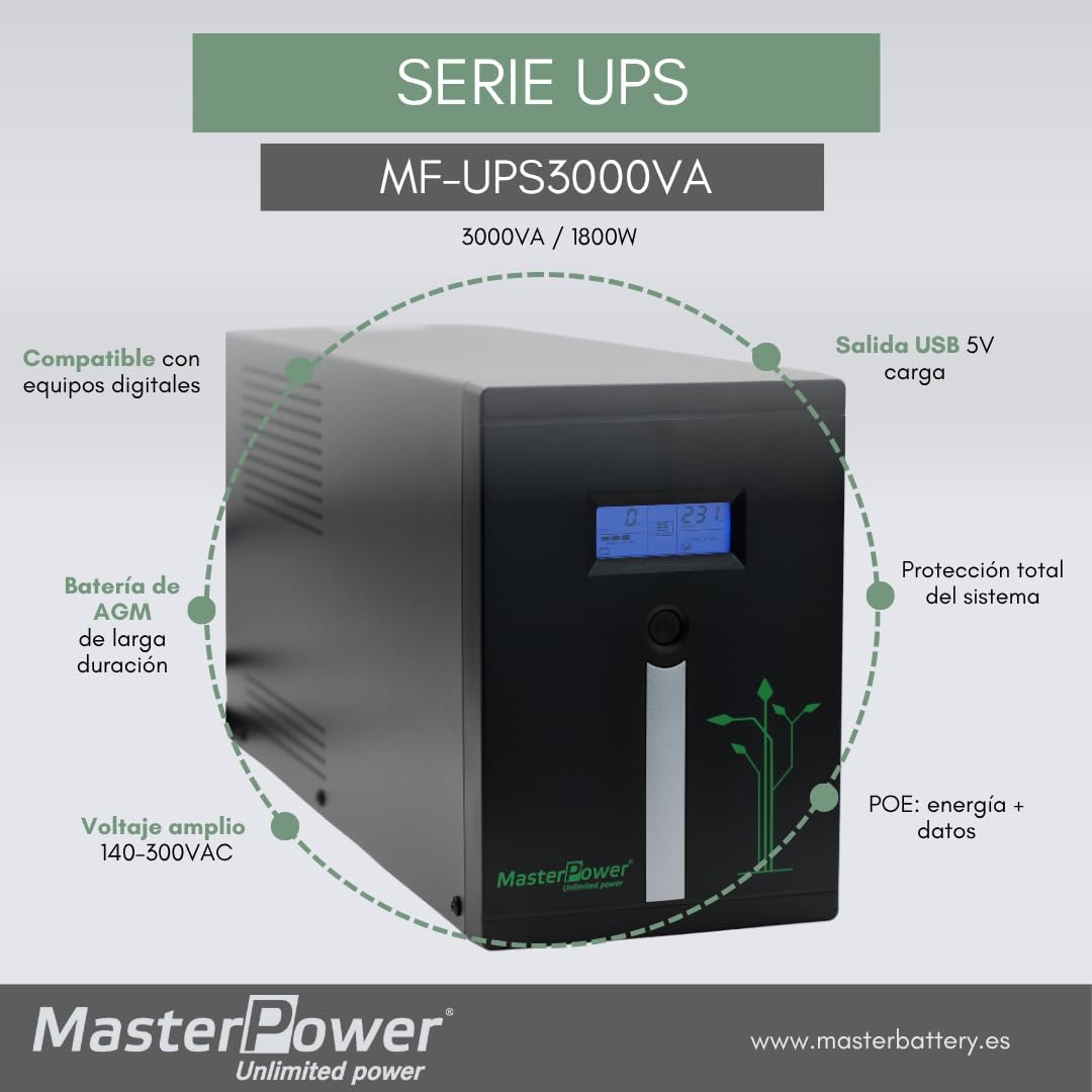Master U-Power SAI UPS 3000VA (1800W) – Unterbrechungsfreie Stromversorgung, Schutz gegen Stromausfä