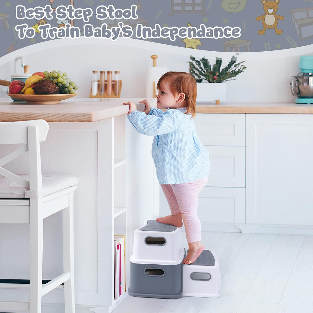 Grauer 2-stufiger Kinderhocker aus PP-Material – rutschfest & Stabil, Ideal für Badezimmer, Küchen,
