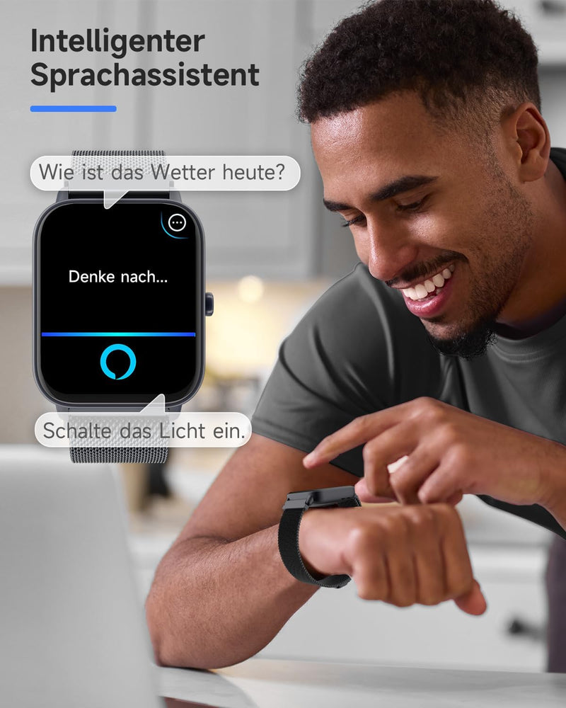 TOOBUR Smartwatch Damen Herren mit Alexa und Telefonfunktion, 1,8" Fitnessuhr mit 100 Sports, 24/7 P