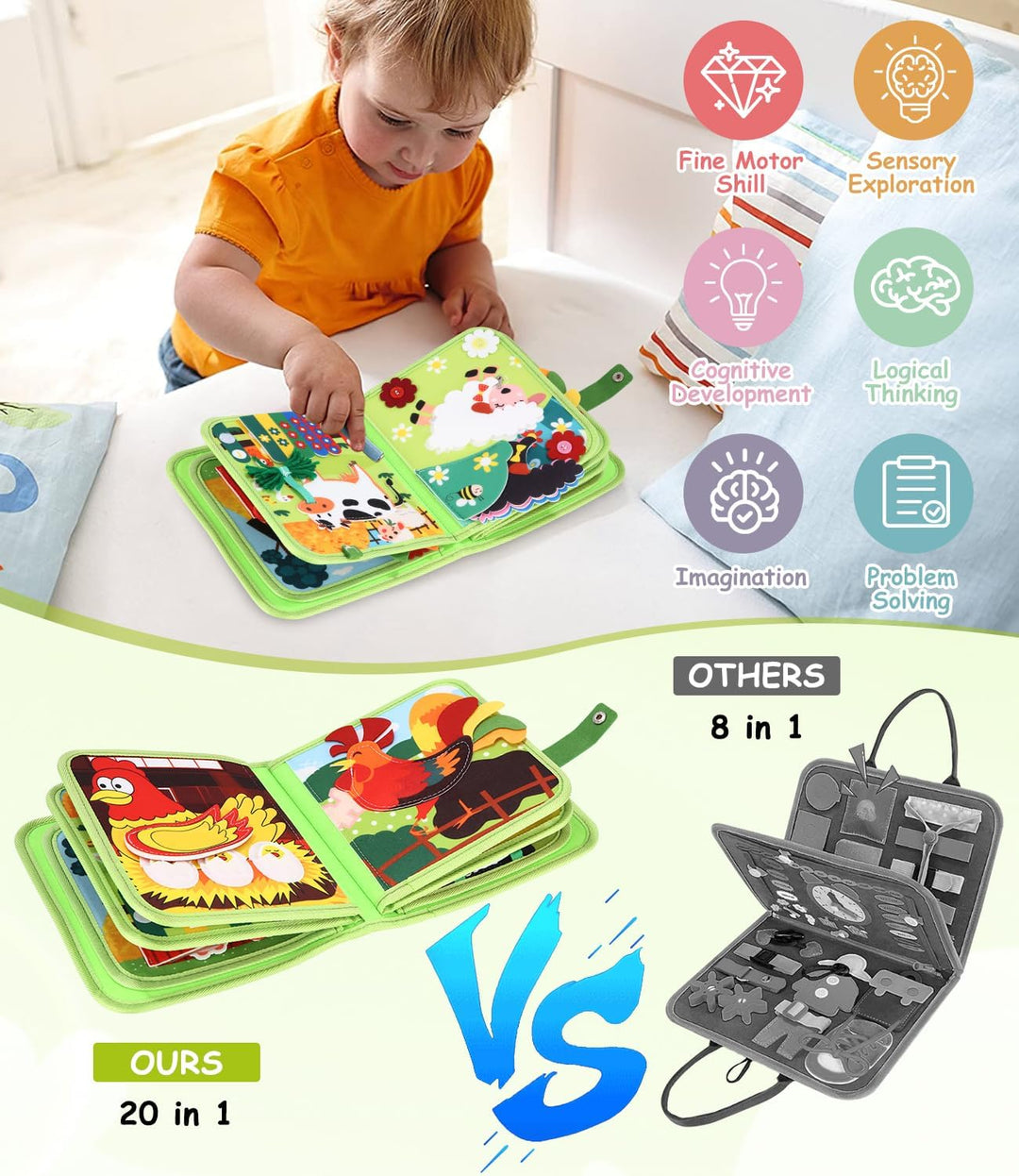 Busy Board Montessori Spielzeug ab 1 Jahr, 20 in 1 Quiet Book mit Filz Bauernhof Thema, Frühes Lerns