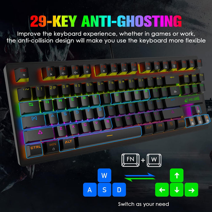 Kabelgebundenes mechanisches TKL-Gaming-Tastatur- und -Maus-Set mit 87 Tasten 3-in-1, mehrere RGB-LE