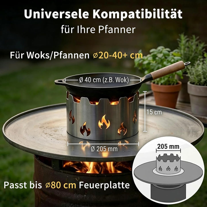 Wokaufsatz für Feuerplatten, Edelstahl, Grillplatte Plancha, kreisrunde Öffnung Ø 20 cm (Wokaufsatz