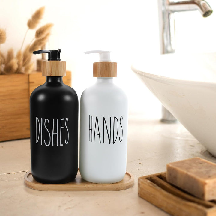 DOITOOL 500ml Lotion Spender Satz aus Glas und Bambus mit Praktischem Tablett Nachfüllbarer Pumpspen