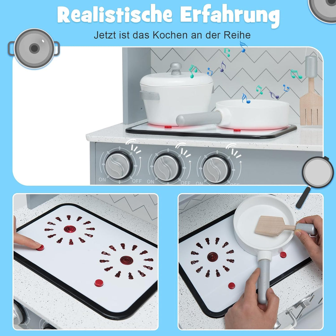 COSTWAY Kinderküche mit Spielzubehör, Licht und Sound, Kinder Spielküche Holz mit Mikrowelle & Wasse