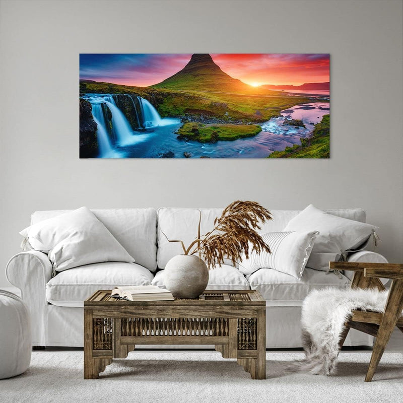 Wandbilder Dekoration Wohnzimmer Sonnenuntergang Wasserfall Island Vulkan Bilder auf Leinwand 120x50