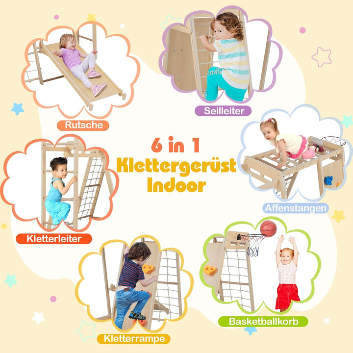 COSTWAY Klettergerüst Indoor, 6 in 1 Kletterleiter & Kletterstrick & Kletterfelsen & Rutsche & Affen