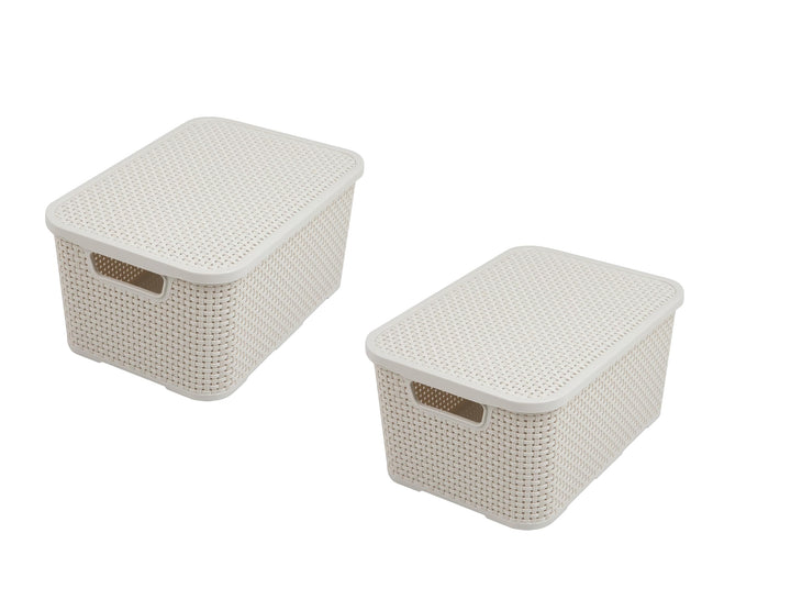 BranQ - Home essential Deckel Korb in Rattan Design 2er Set Grösse L 19l, Kunststoff PP, Creme, 19 l