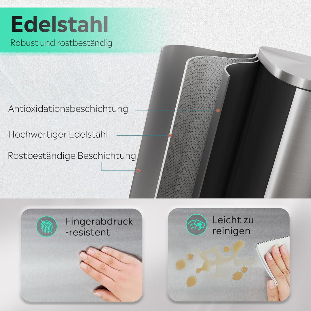 WLIVE 50L Mülleimer aus Edelstahl, grosser Treteimer mit Inneneimer und Soft-Close-Deckel, Abfalleim