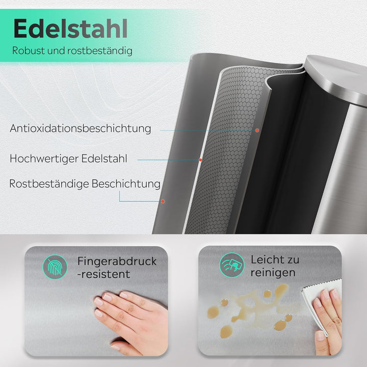 WLIVE 50L Mülleimer aus Edelstahl, grosser Treteimer mit Inneneimer und Soft-Close-Deckel, Abfalleim