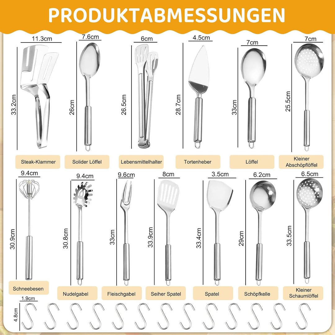 13-teilig Edelstahl Kochutensilien Set - Wärmebeständig Antihaft Hochglanzpolierte Küchenhelfer-Set