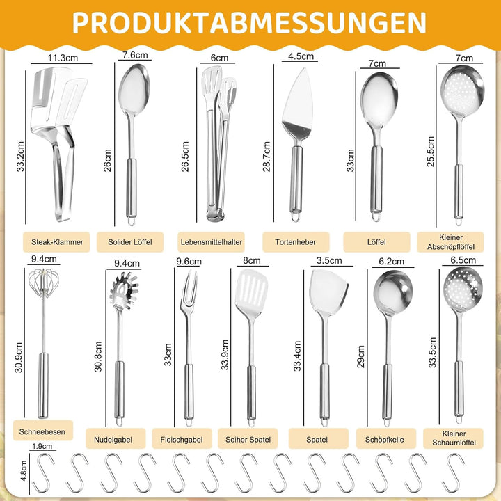 13-teilig Edelstahl Kochutensilien Set - Wärmebeständig Antihaft Hochglanzpolierte Küchenhelfer-Set