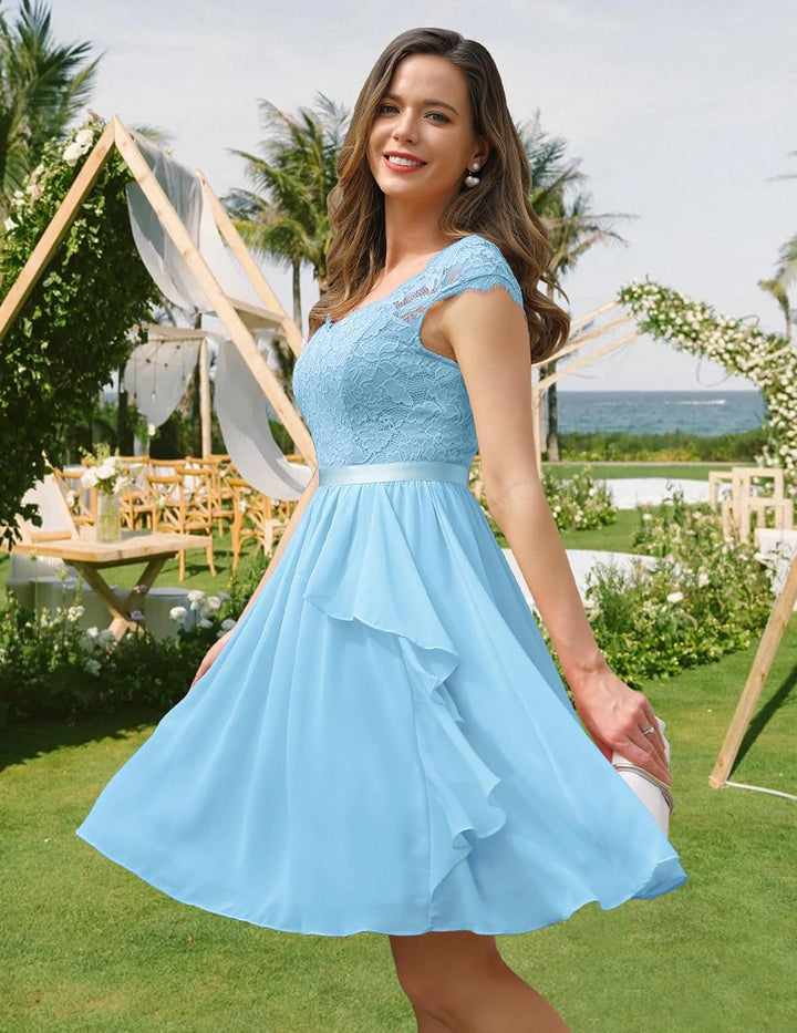Wedtrend Cocktailkleid Damen Knielang Abendkleid Elegant für Hochzeit Elegant A Linie Rüschenkleid H