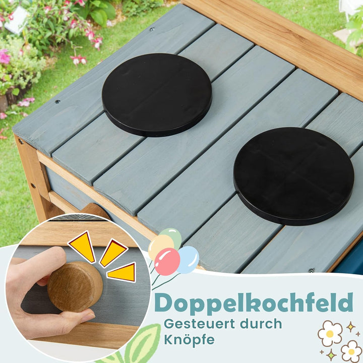 COSTWAY Matschküche Kinder Outdoor, Kinderküche Holz mit Spüle, Spielküche mit Haken & abnehmbarem R