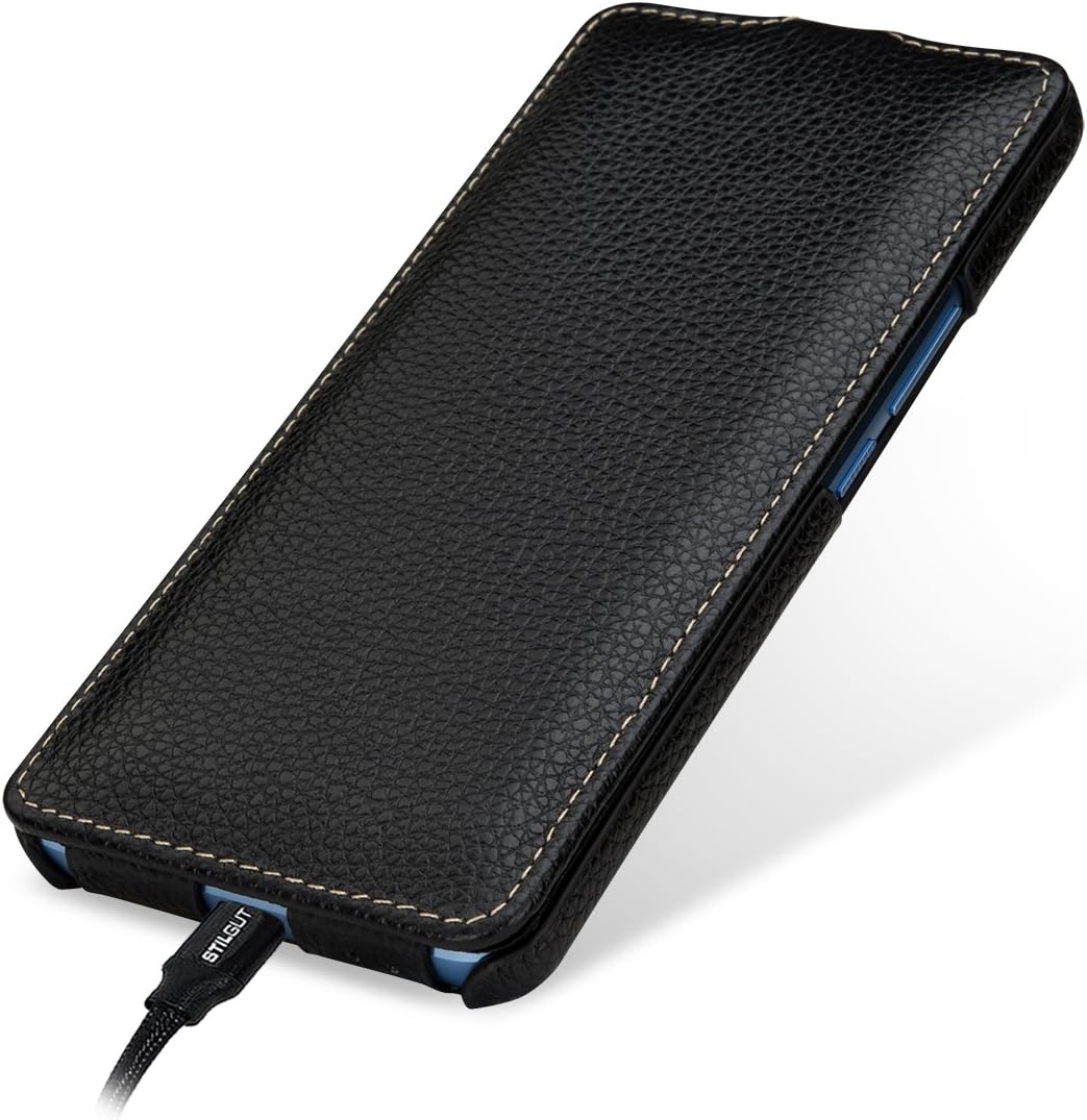 STILGUT UltraSlim Case Hülle Leder-Tasche für HTC U11+ (U11 Plus). Dünnes Flip-Case vertikal klappba