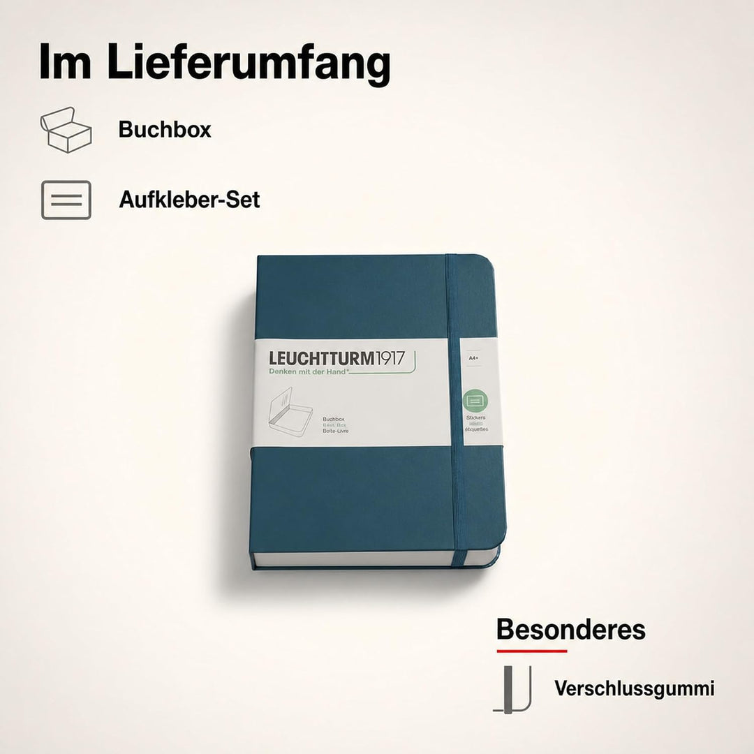 LEUCHTTURM1917 361662 Buchbox - Schachtel, Notizbuch-Look, 255 x 329 x 60 mm, mit Aufklebern, Gummi,