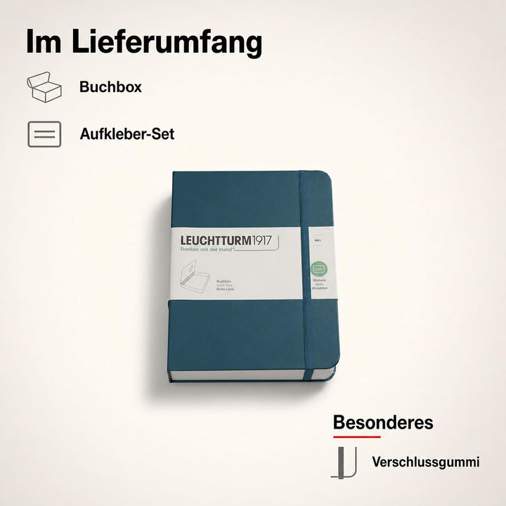 LEUCHTTURM1917 361662 Buchbox - Schachtel, Notizbuch-Look, 255 x 329 x 60 mm, mit Aufklebern, Gummi,