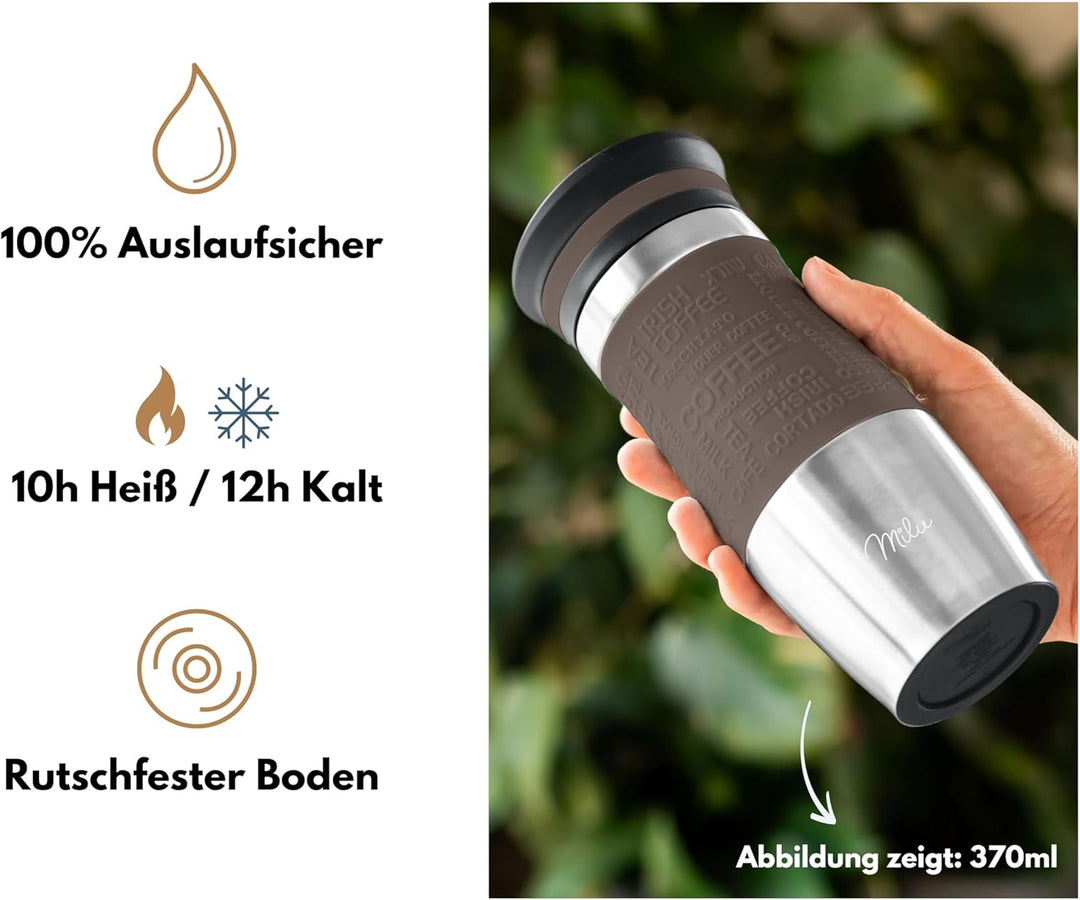 Milu Thermobecher Kaffee to go 370ml, 450ml Isolierbecher Kaffeebecher - 100% Auslaufsicher - Trinkb