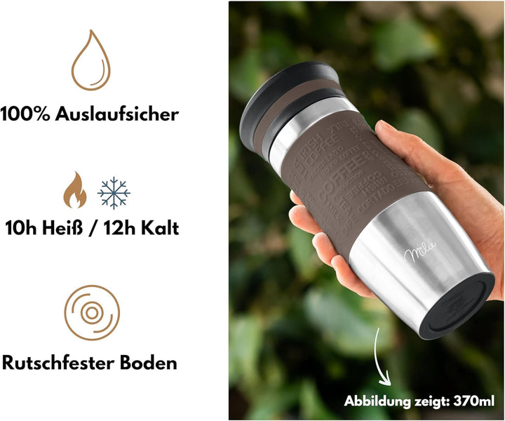 Milu Thermobecher Kaffee to go 370ml, 450ml Isolierbecher Kaffeebecher - 100% Auslaufsicher - Trinkb