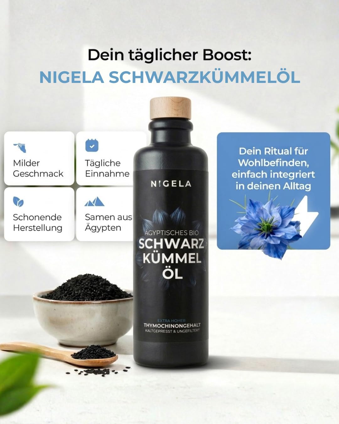 Nigela BIO Schwarzkümmelöl ungefiltert - Hoher Thymochinongehalt in 100% lichtgeschützer Keramikflas