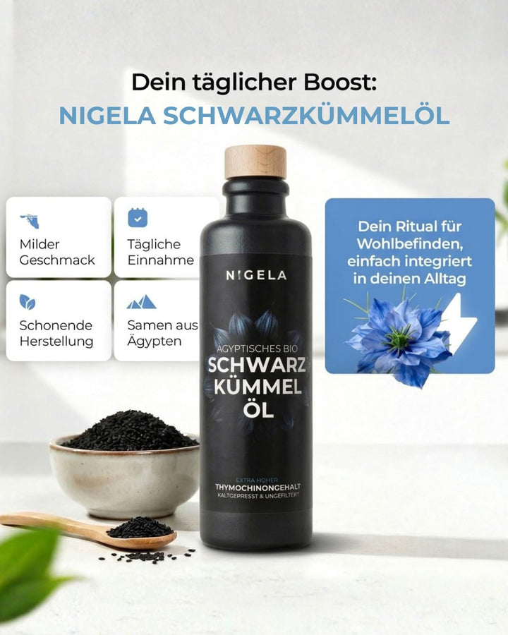 Nigela BIO Schwarzkümmelöl ungefiltert - Hoher Thymochinongehalt in 100% lichtgeschützer Keramikflas