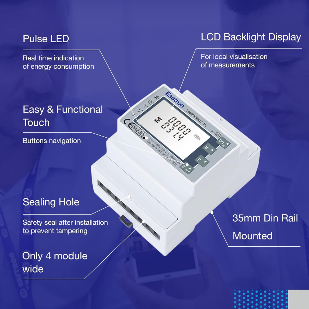 EASTRON SDM630MCT V2 Stromzähler, 1/3 Phase Modbus RS485 RTU – (Stromwandler erforderlich) gespeiste