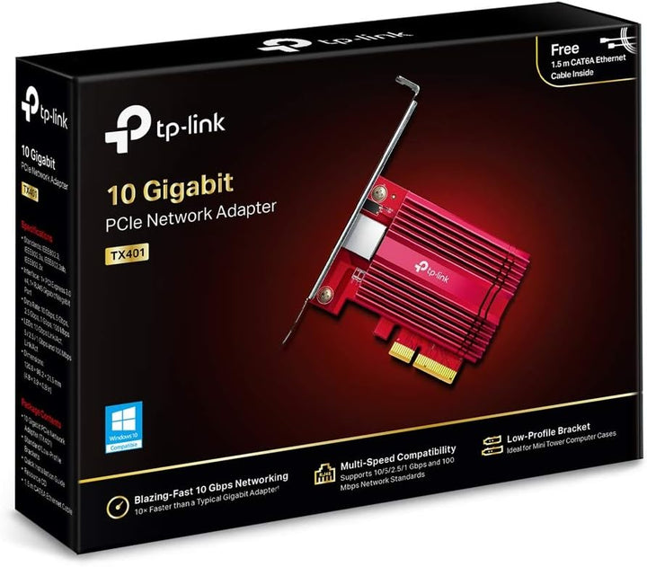 TP-Link Archer TX401 10Gbit/s PCIe-Adapter (CAT6A-Ethernet-Kabe, Kühlkörper, kompatibel mit Windows
