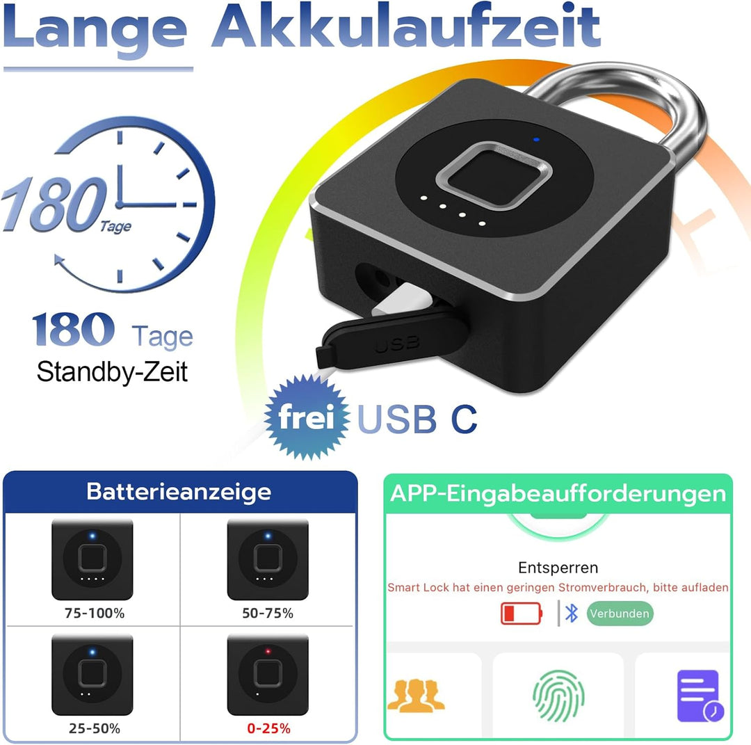 Vorhängeschloss Fingerabdruck, Eseesmart Schloss Fingerabdruck, Bluetooth Fingerabdruck IOS Watch, W