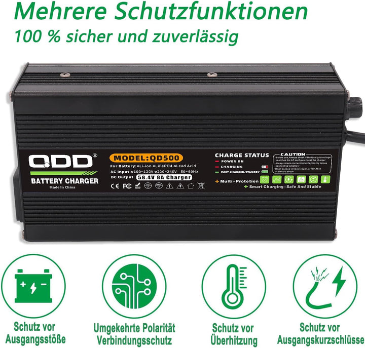 58,4 V 8 A LiFePO4-Ladegerät für LiFePO4 16S 48 V Batterie, Blacklack-Aluminiumgehäuse mit Sicherhei